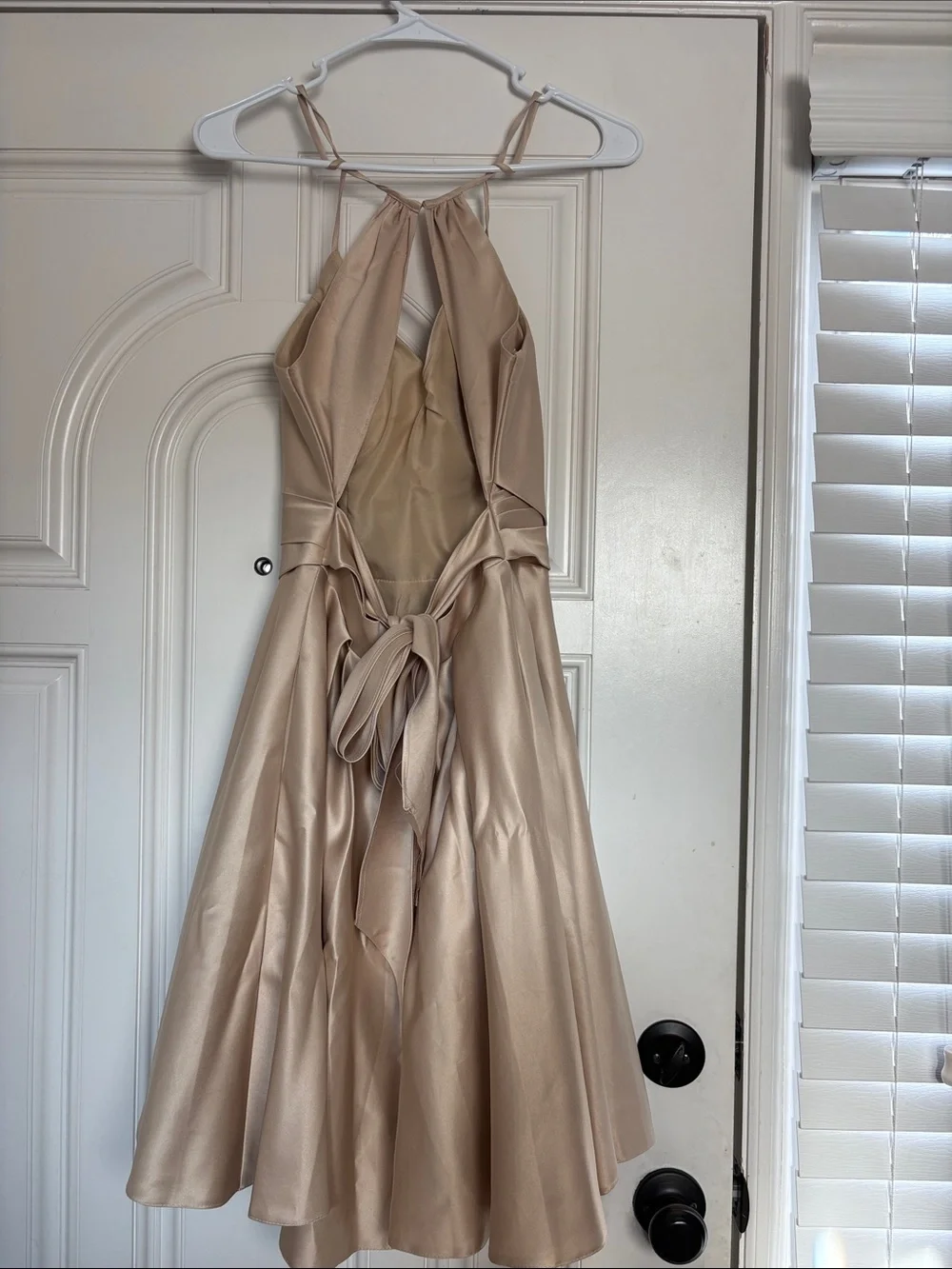 JJ's House Giulia Champagne V-Neck Spaghetti Straps Pleated Satin Dress #274654